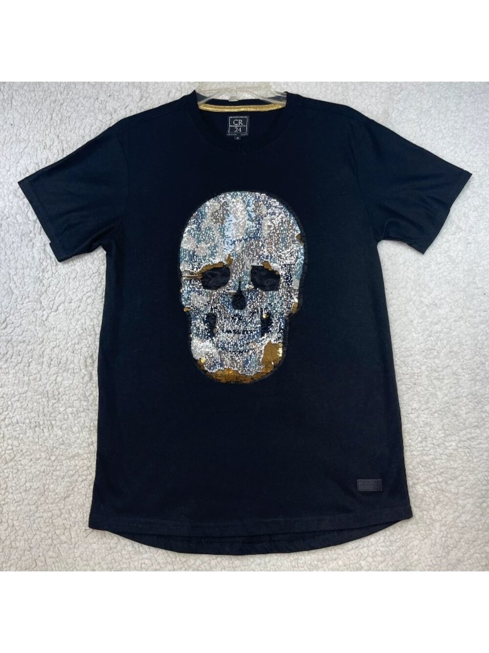 CR24 Black Sequin Skull Graphic T-Shirt Men's Size Small